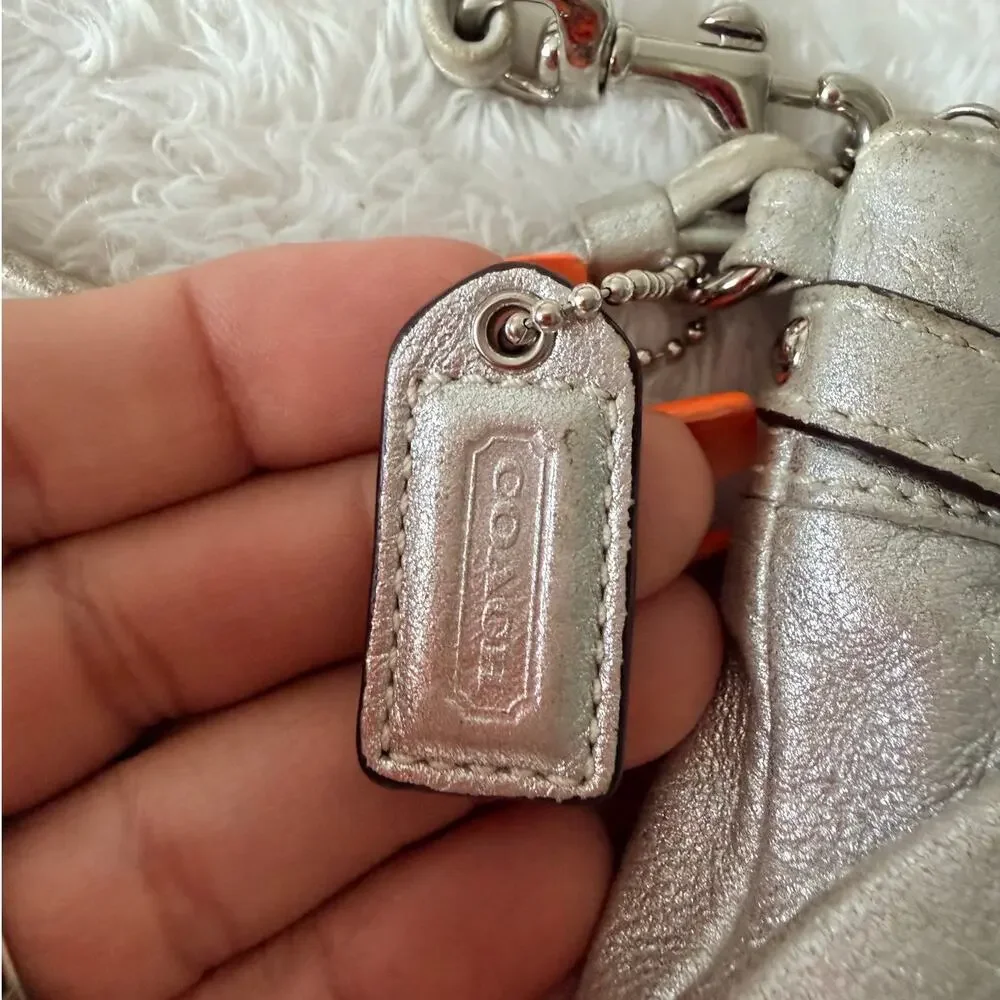 Coach Silver Metallic Leather Wristlet Clutch Pouch Horsebit Accent